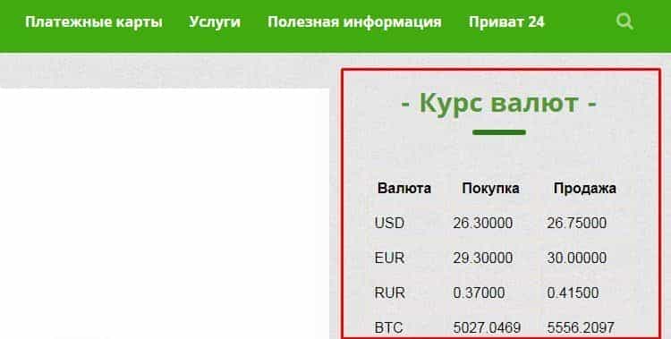 Курс валют в Приватбанку